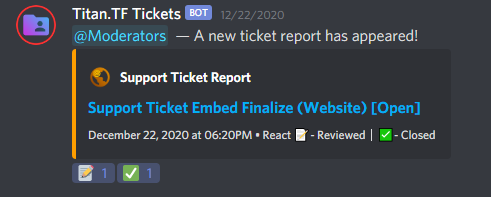 Example of a Support Ticket alert in discord